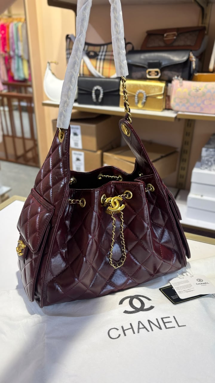 Classic Black Quilted Shoulder Tote with Gold Hardware
