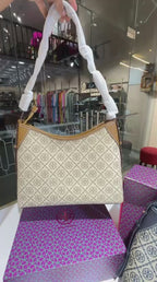 Monogram Canvas Shoulder Bag in Warm Tan & Classic Navy