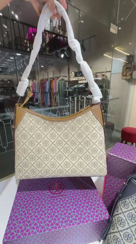 Monogram Canvas Shoulder Bag in Warm Tan & Classic Navy