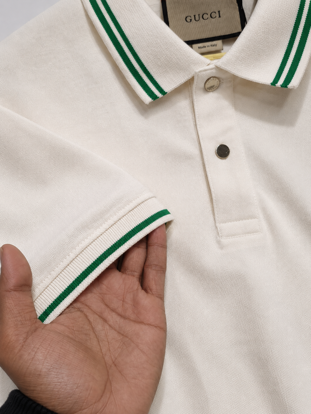 White Polo T-Shirt with Green Striped Collar & Cuffs
