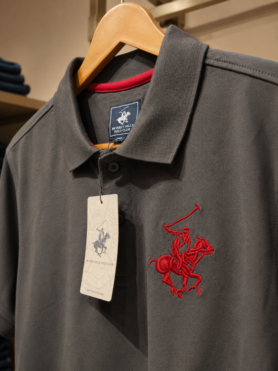 Charcoal Grey Polo T-Shirt with Red Embroidered Logo