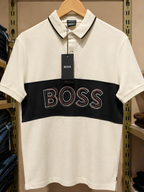 Men’s Ivory Polo T-Shirt with Black Contrast Collar & Chest Logo Stripe