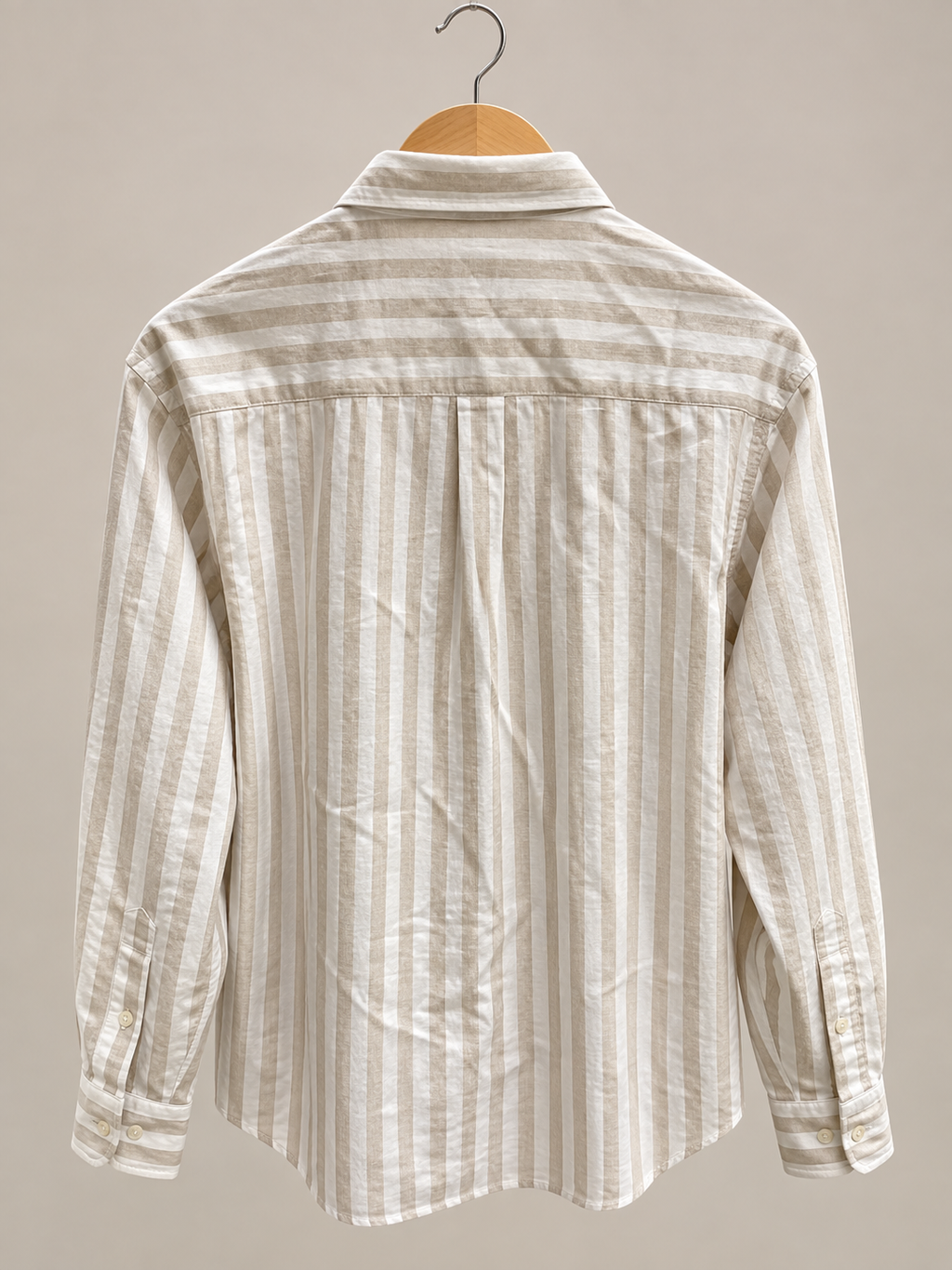 Beige & White Striped Button-Down Cotton Shirt