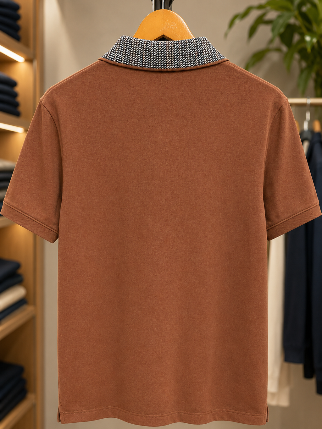 Men’s Rust Brown Polo T-Shirt with Contrast Patterned Collar