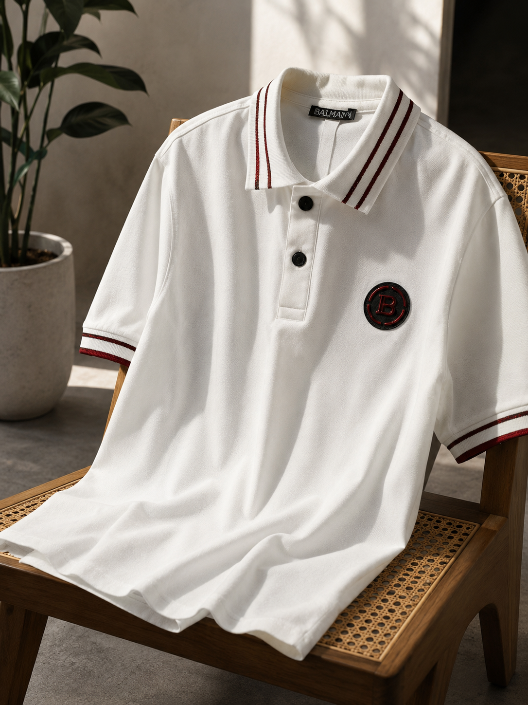 White Polo T-Shirt with Burgundy Double-Stripe Collar & Cuffs