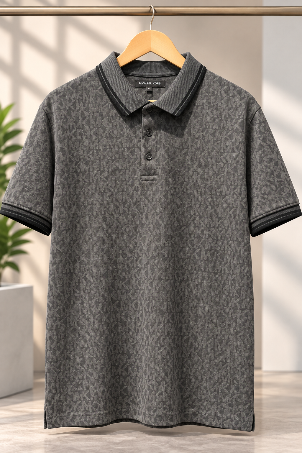 Men’s Charcoal Grey Monogram Pattern Polo T-Shirt