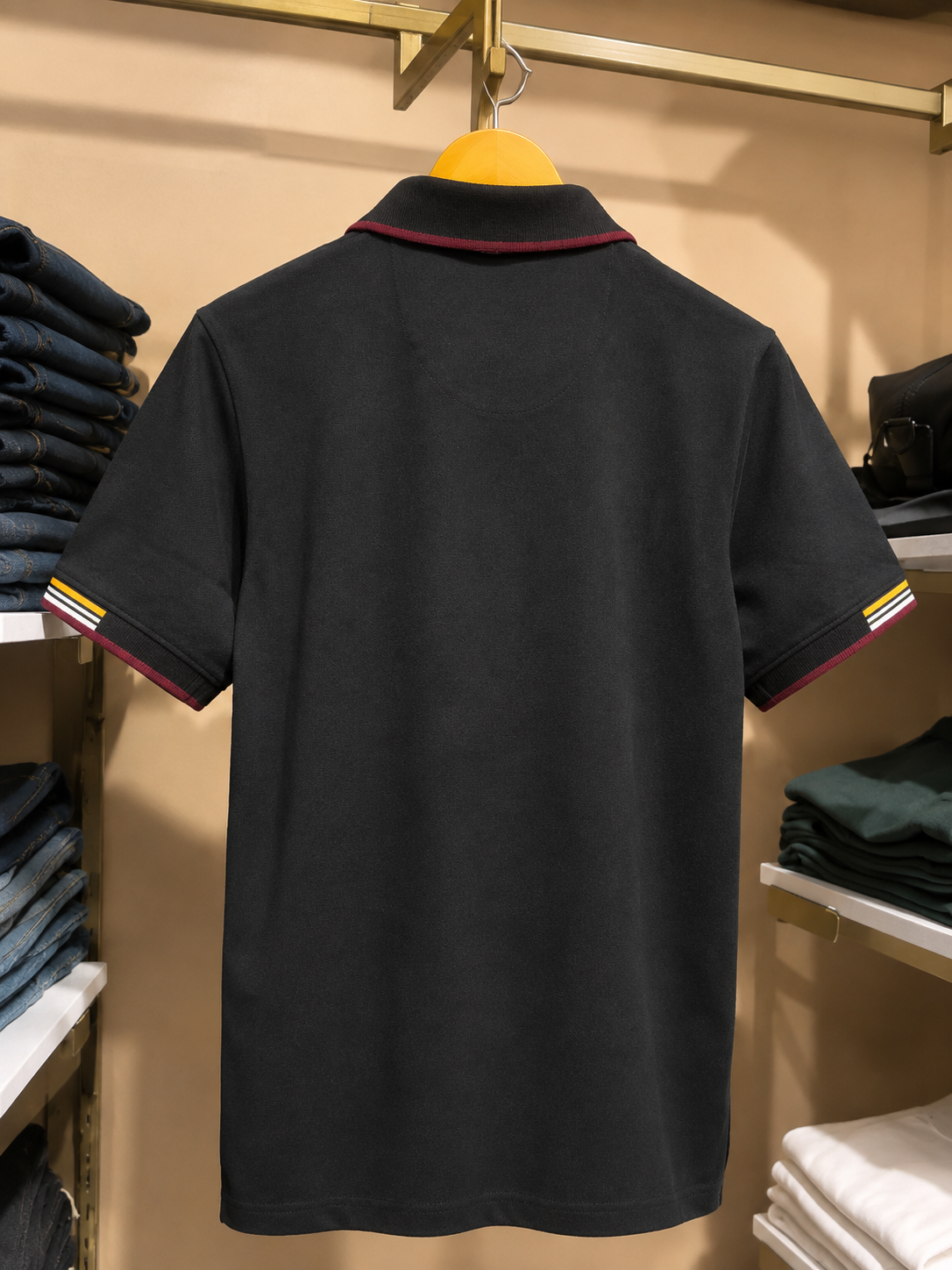 Black Polo T-Shirt with Multicolor Striped Collar.