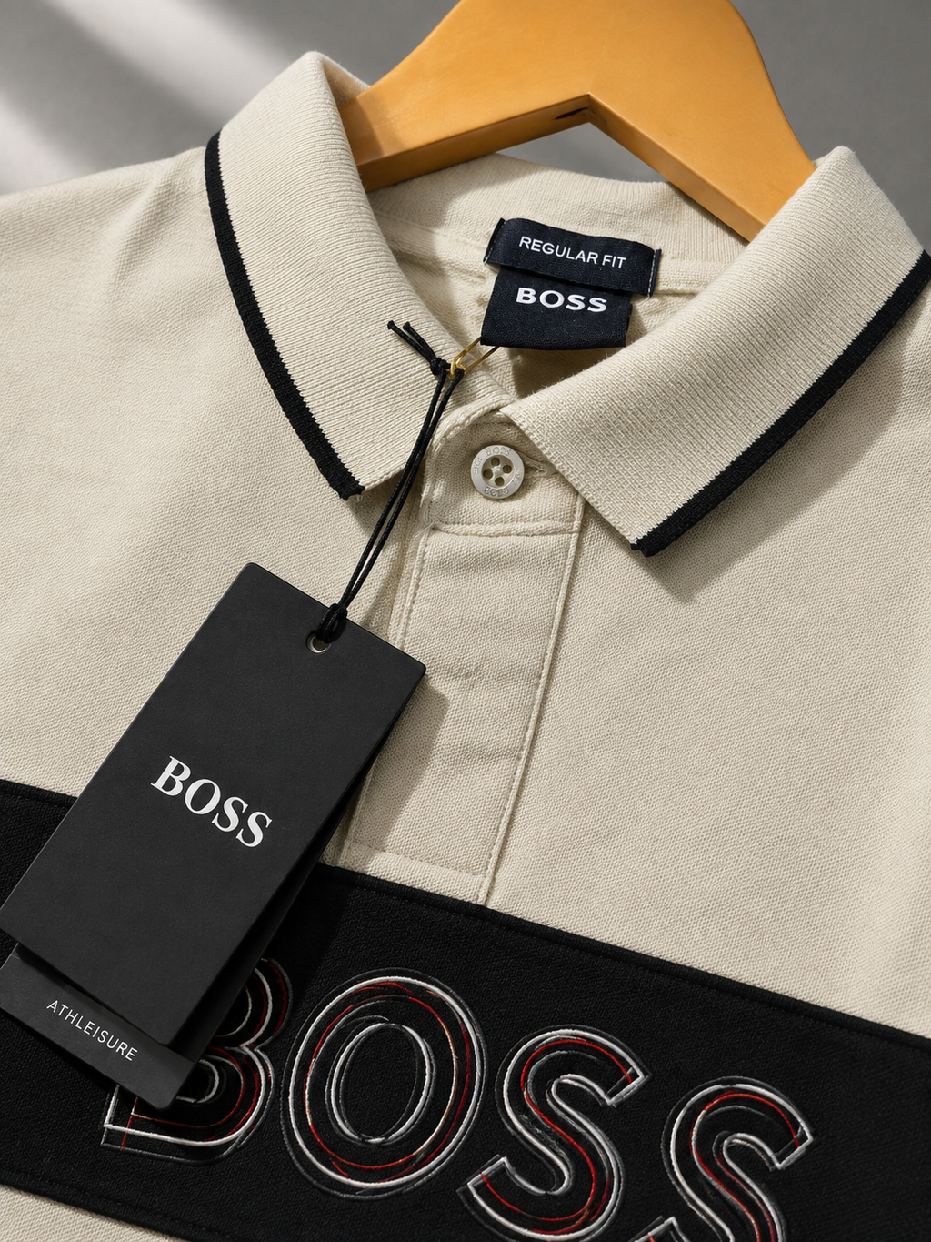Men’s Ivory Polo T-Shirt with Black Contrast Collar & Chest Logo Stripe