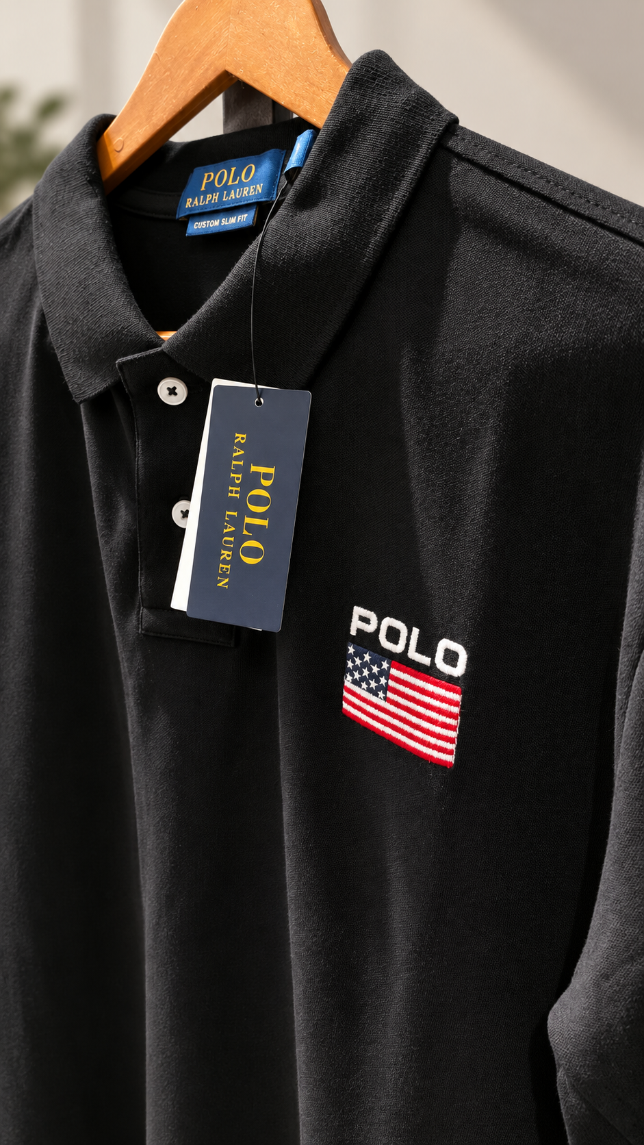 Premium Black Cotton-Blend Polo Shirt with Flag Embroidery
