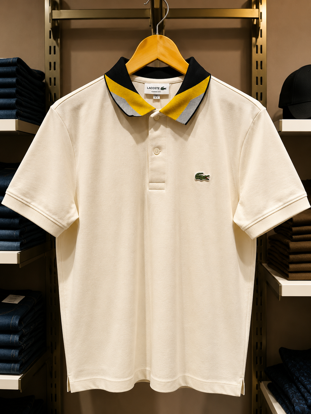 Cream Polo T-Shirt with Contrast Striped Collar