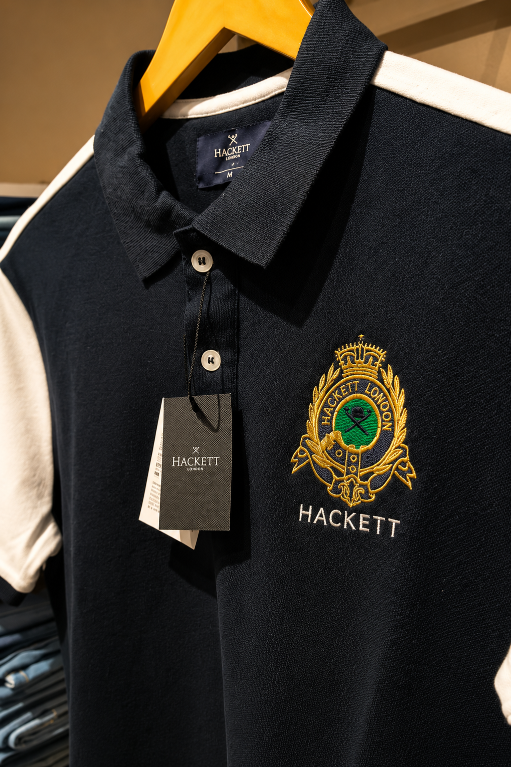 Navy Blue Polo T-Shirt with White Sleeves & Embroidered Crest
