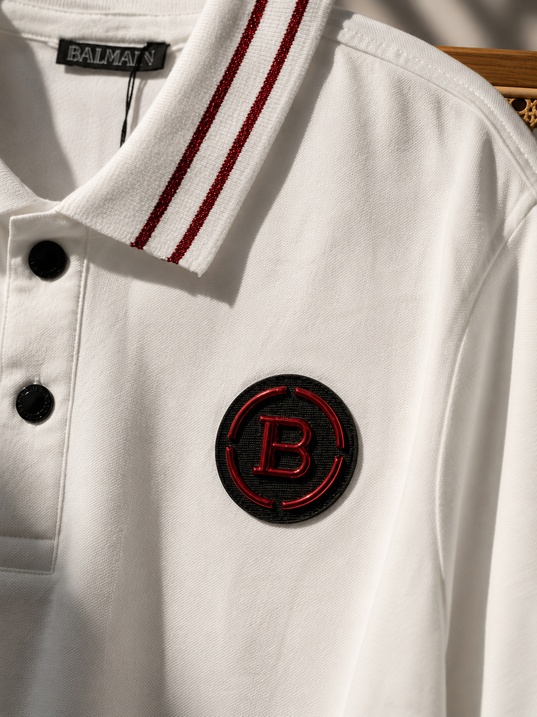 White Polo T-Shirt with Burgundy Double-Stripe Collar & Cuffs