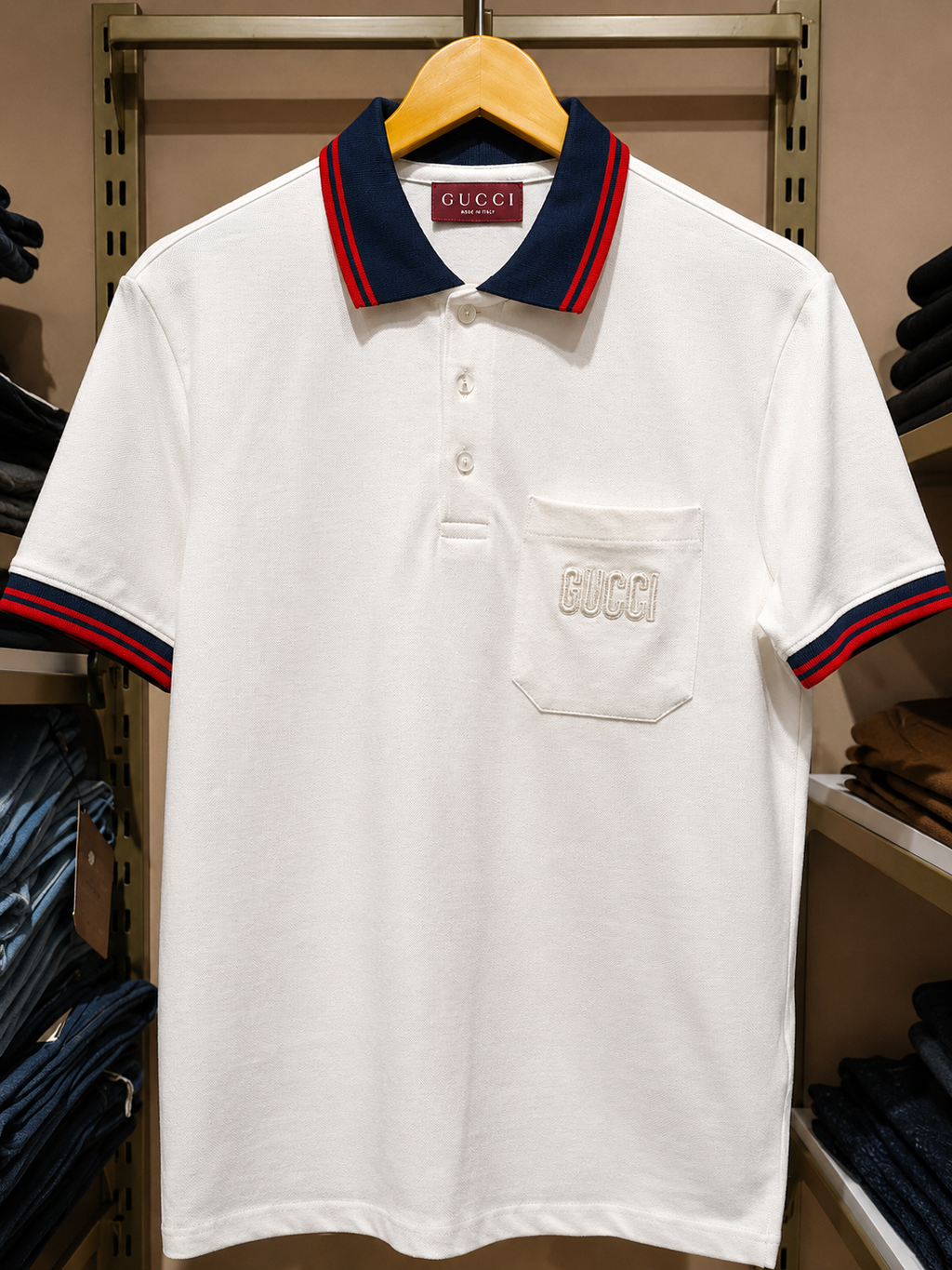 Cotton Polo T-Shirt – Navy & Red Stripe Collar