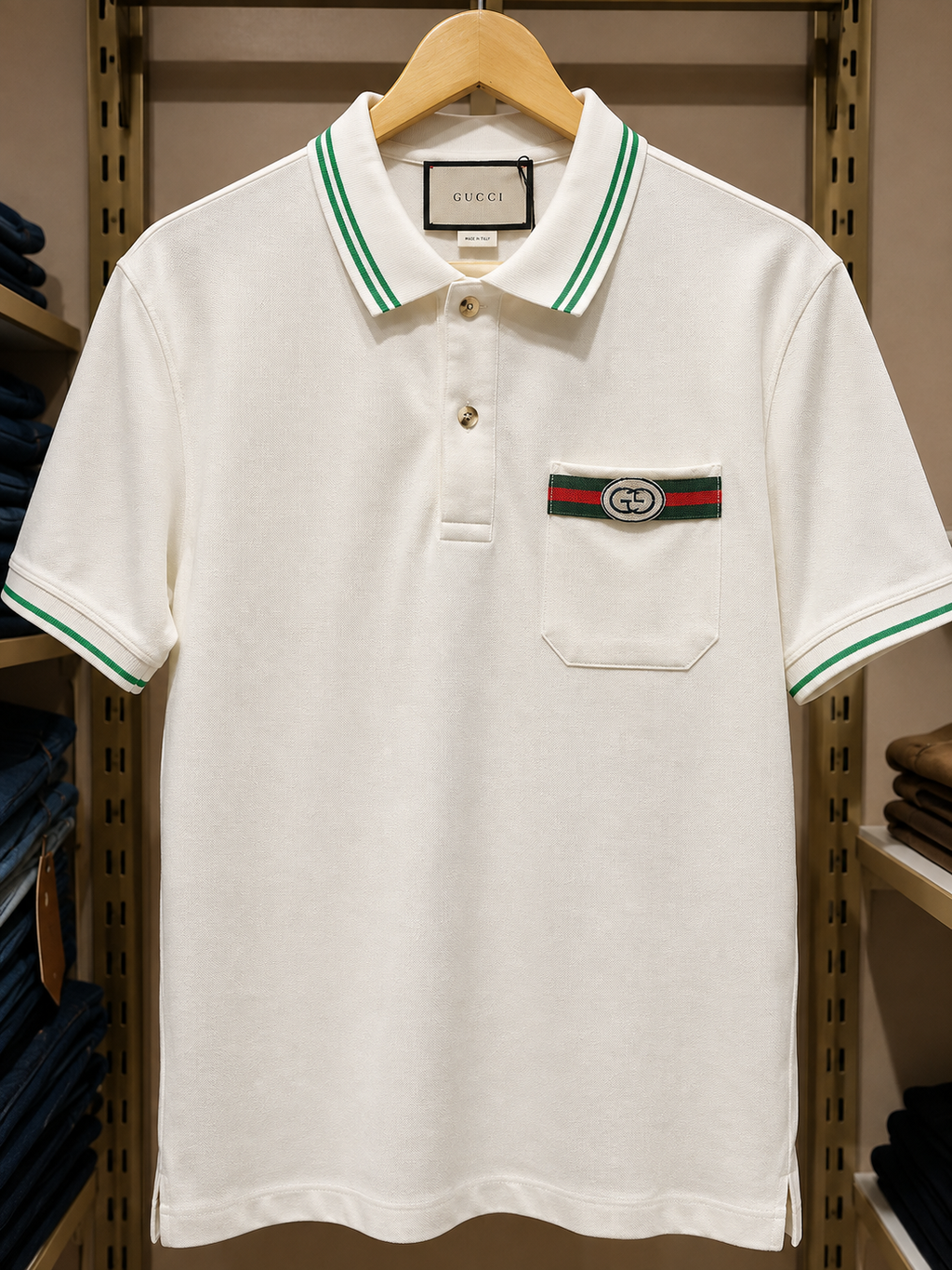 White Polo T-Shirt with Green Striped Collar & Cuffs