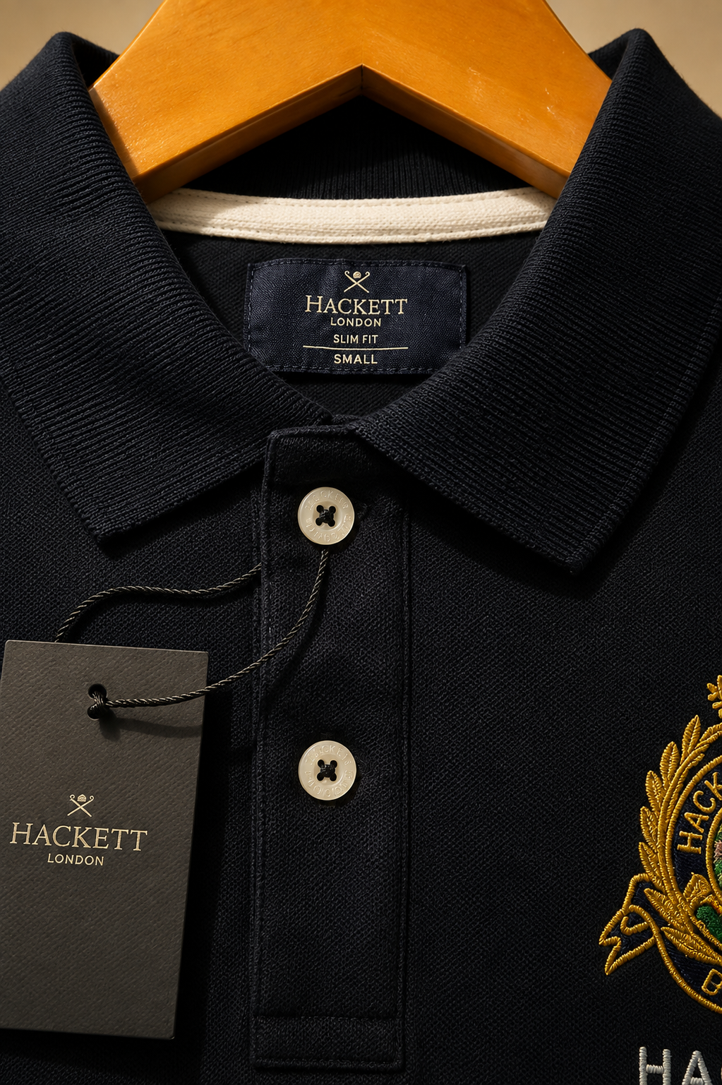 Navy Blue Polo T-Shirt with White Sleeves & Embroidered Crest