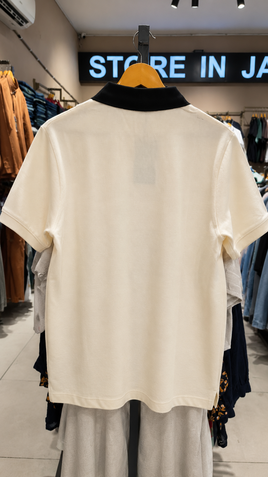 Cream Polo T-Shirt with Black Collar & Burgundy Stripe Panel