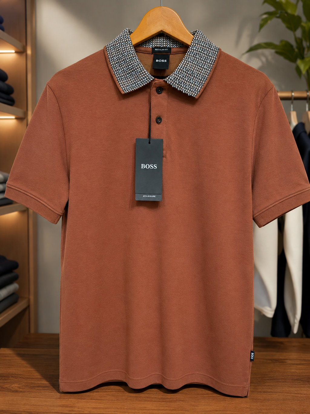 Men’s Rust Brown Polo T-Shirt with Contrast Patterned Collar