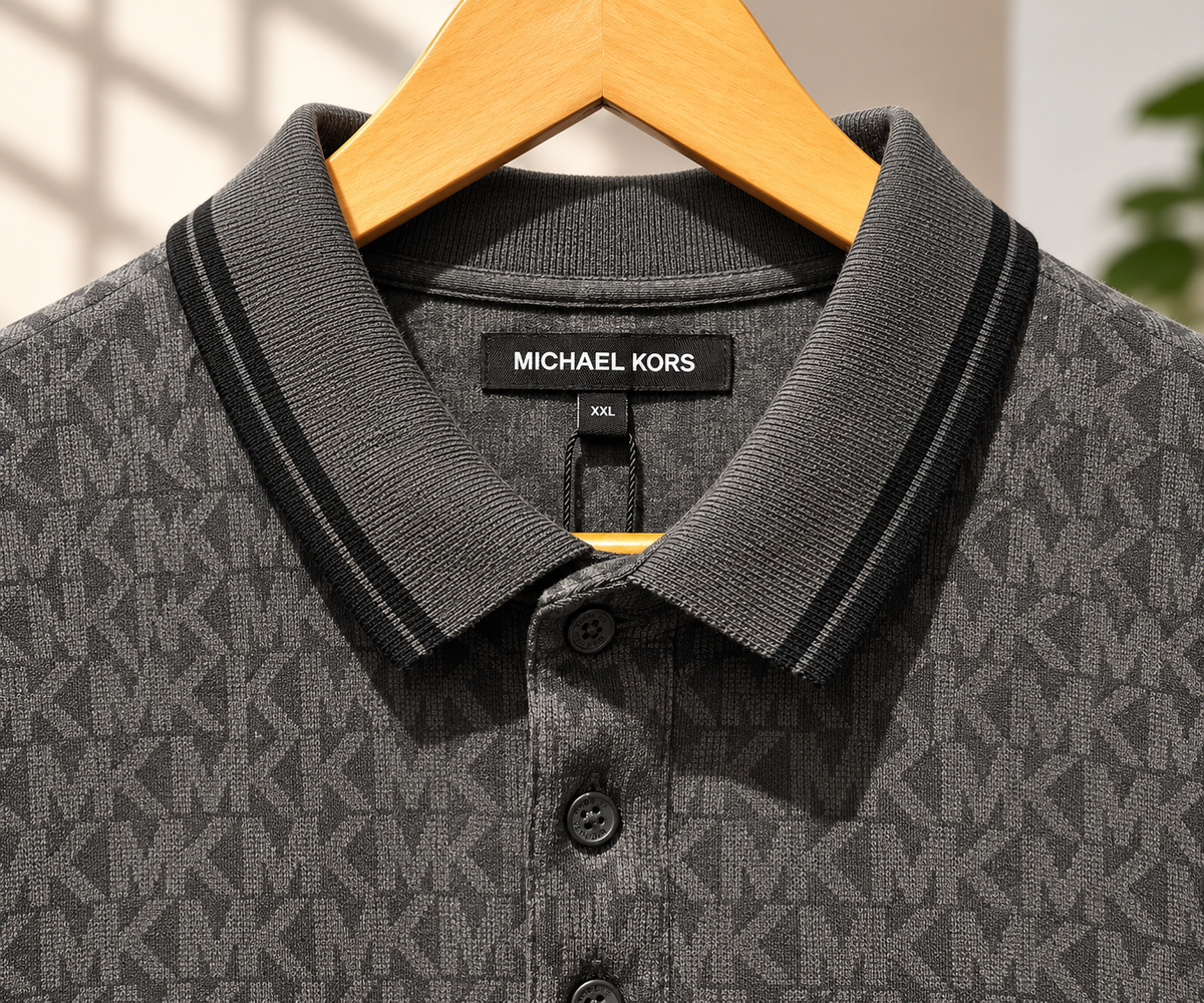 Men’s Charcoal Grey Monogram Pattern Polo T-Shirt