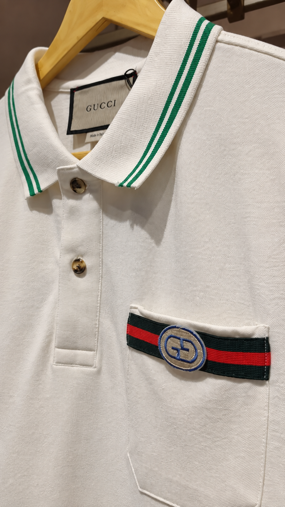 White Polo T-Shirt with Green Striped Collar & Cuffs