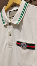 White Polo T-Shirt with Green Striped Collar & Cuffs