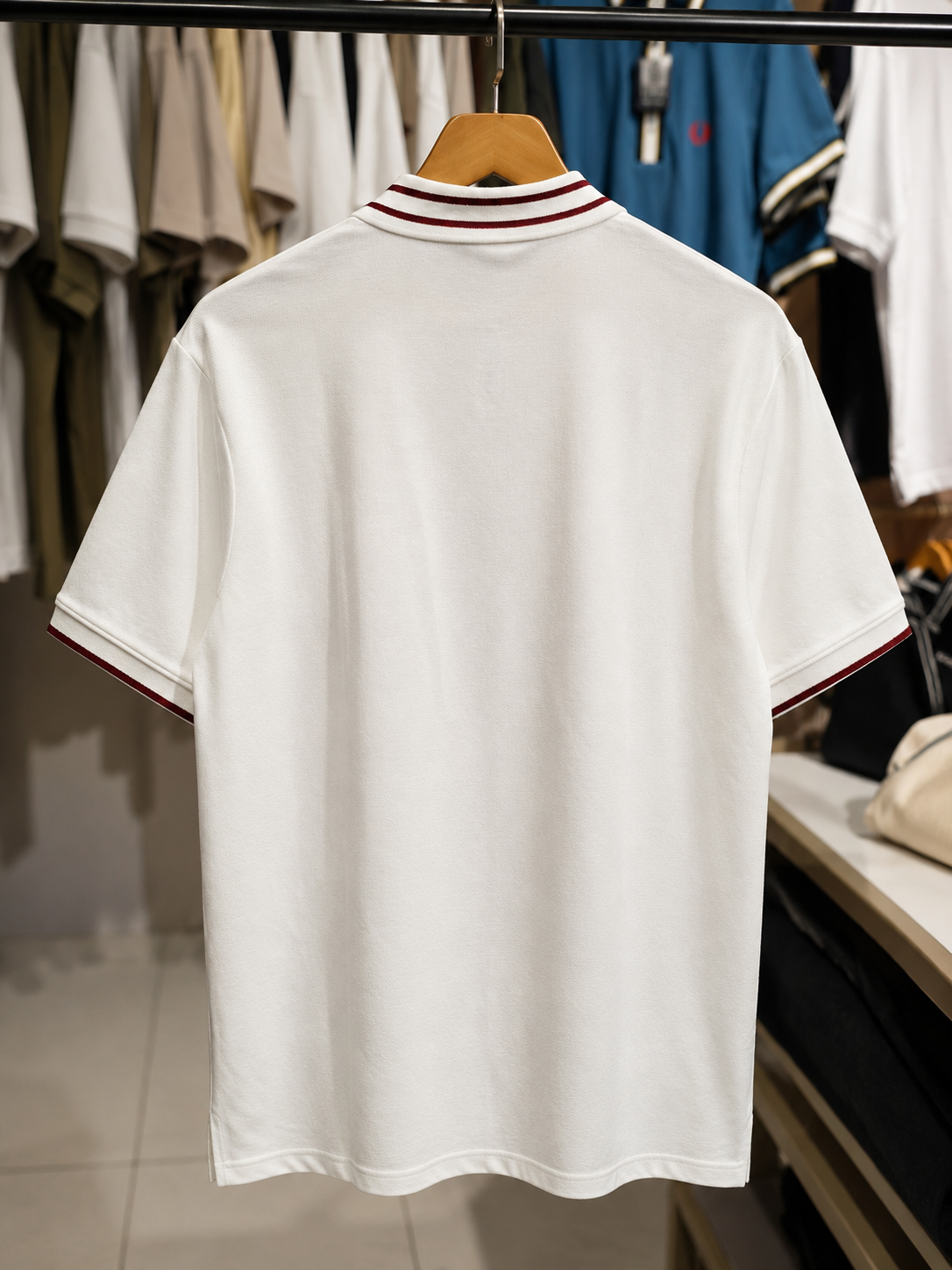 White Polo T-Shirt with Burgundy Double-Stripe Collar & Cuffs