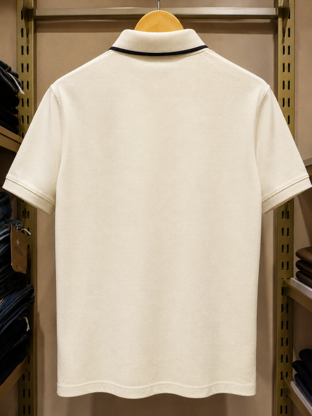 Men’s Ivory Polo T-Shirt with Black Contrast Collar & Chest Logo Stripe