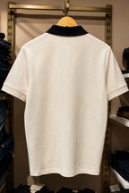 Cream Polo T-Shirt with Contrast Striped Collar