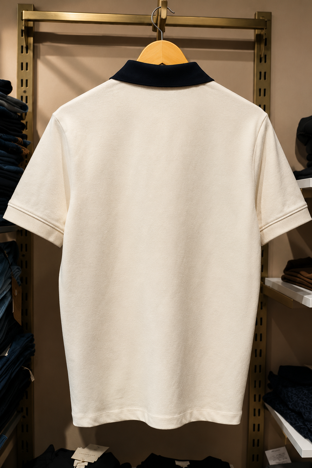 Cream Polo T-Shirt with Contrast Striped Collar