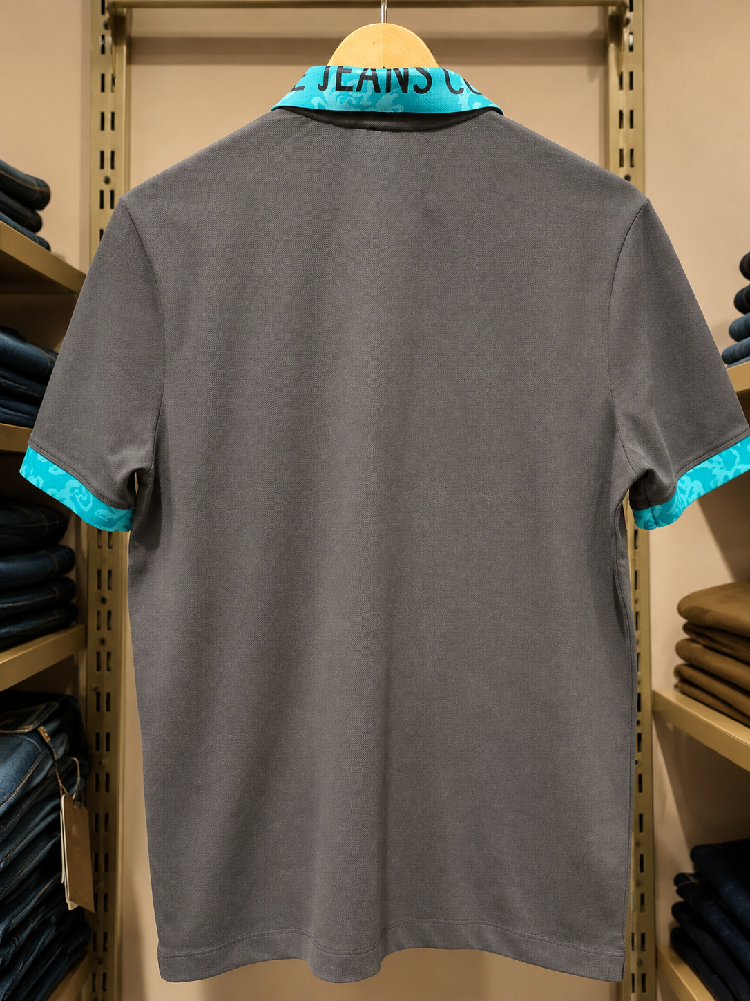 Charcoal Grey Polo T-Shirt with Turquoise Printed Collar & Cuffs