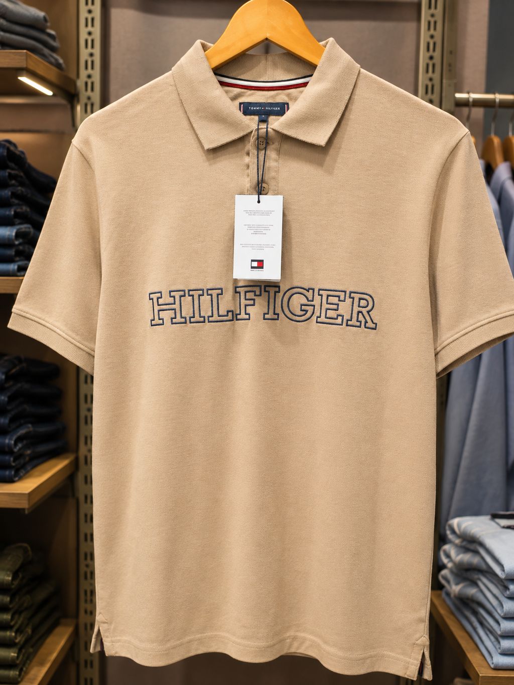 Men’s Beige Cotton Contrast-Collar Polo T-Shirt