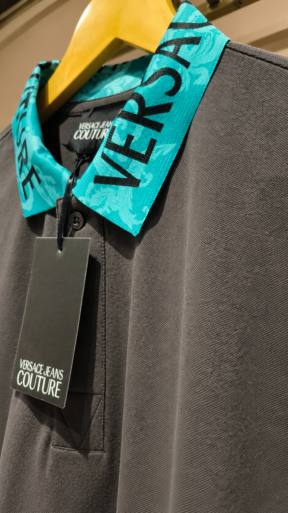 Charcoal Grey Polo T-Shirt with Turquoise Printed Collar & Cuffs