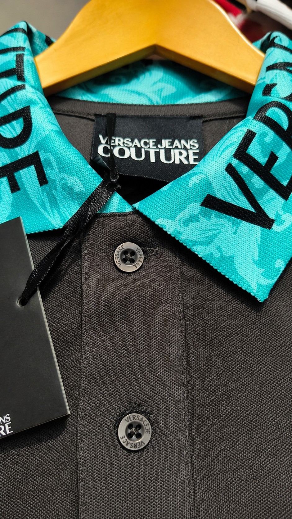 Charcoal Grey Polo T-Shirt with Turquoise Printed Collar & Cuffs