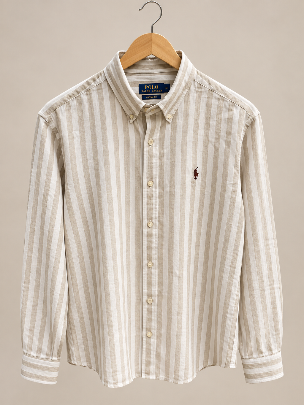 Beige & White Striped Button-Down Cotton Shirt