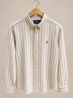 Beige & White Striped Button-Down Cotton Shirt