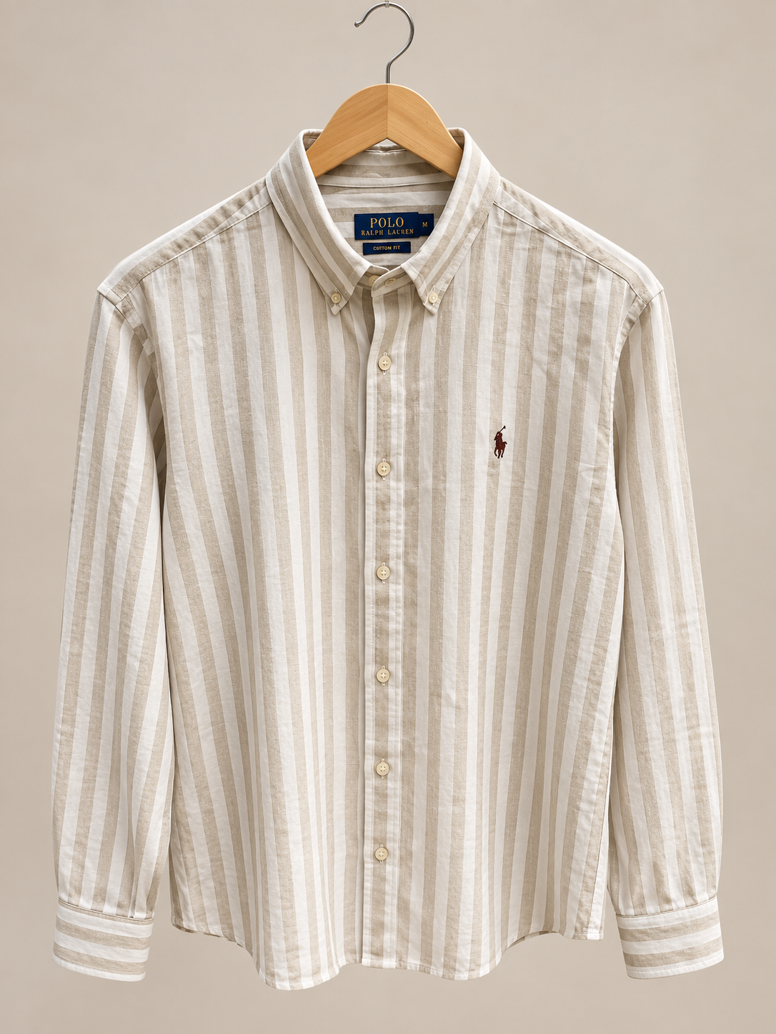 Beige & White Striped Button-Down Cotton Shirt