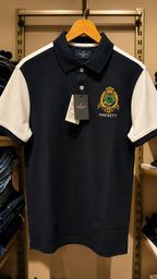 Navy Blue Polo T-Shirt with White Sleeves & Embroidered Crest