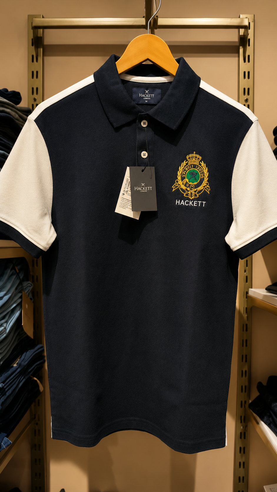 Navy Blue Polo T-Shirt with White Sleeves & Embroidered Crest