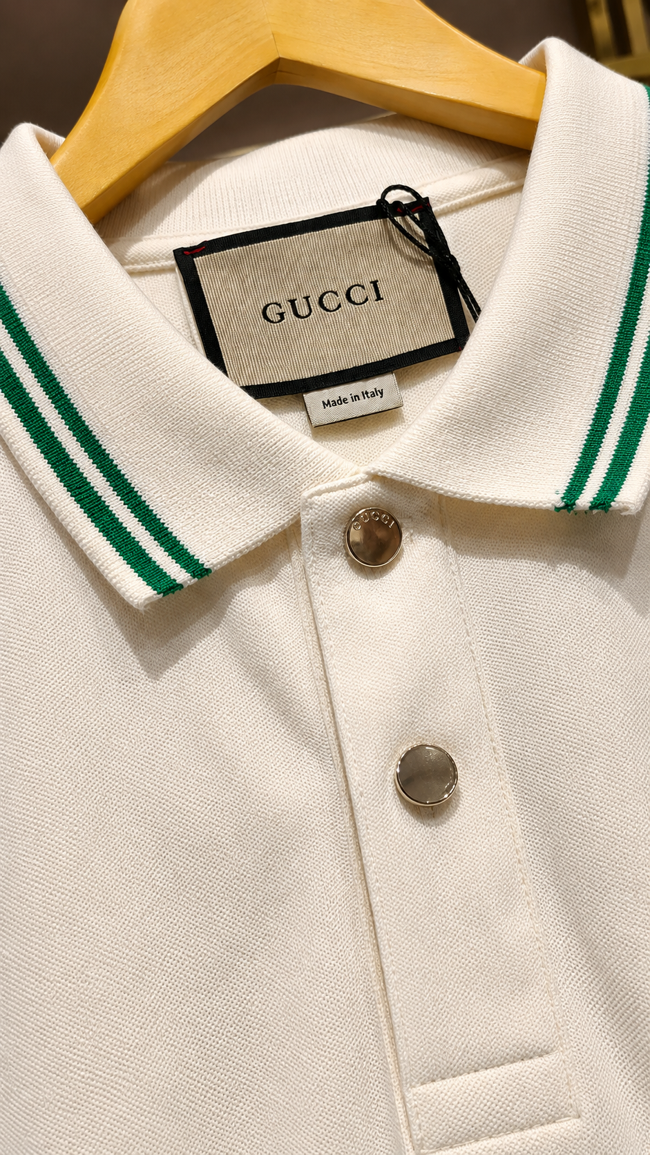 White Polo T-Shirt with Green Striped Collar & Cuffs