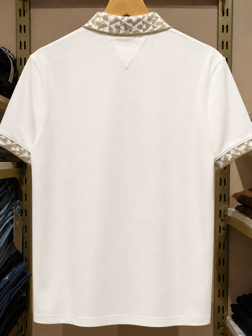 Men’s Cream Textured Polo Shirt with Geometric Pattern Collar