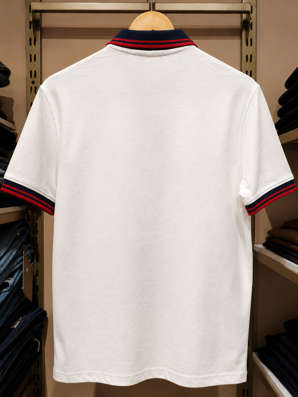 Cotton Polo T-Shirt – Navy & Red Stripe Collar