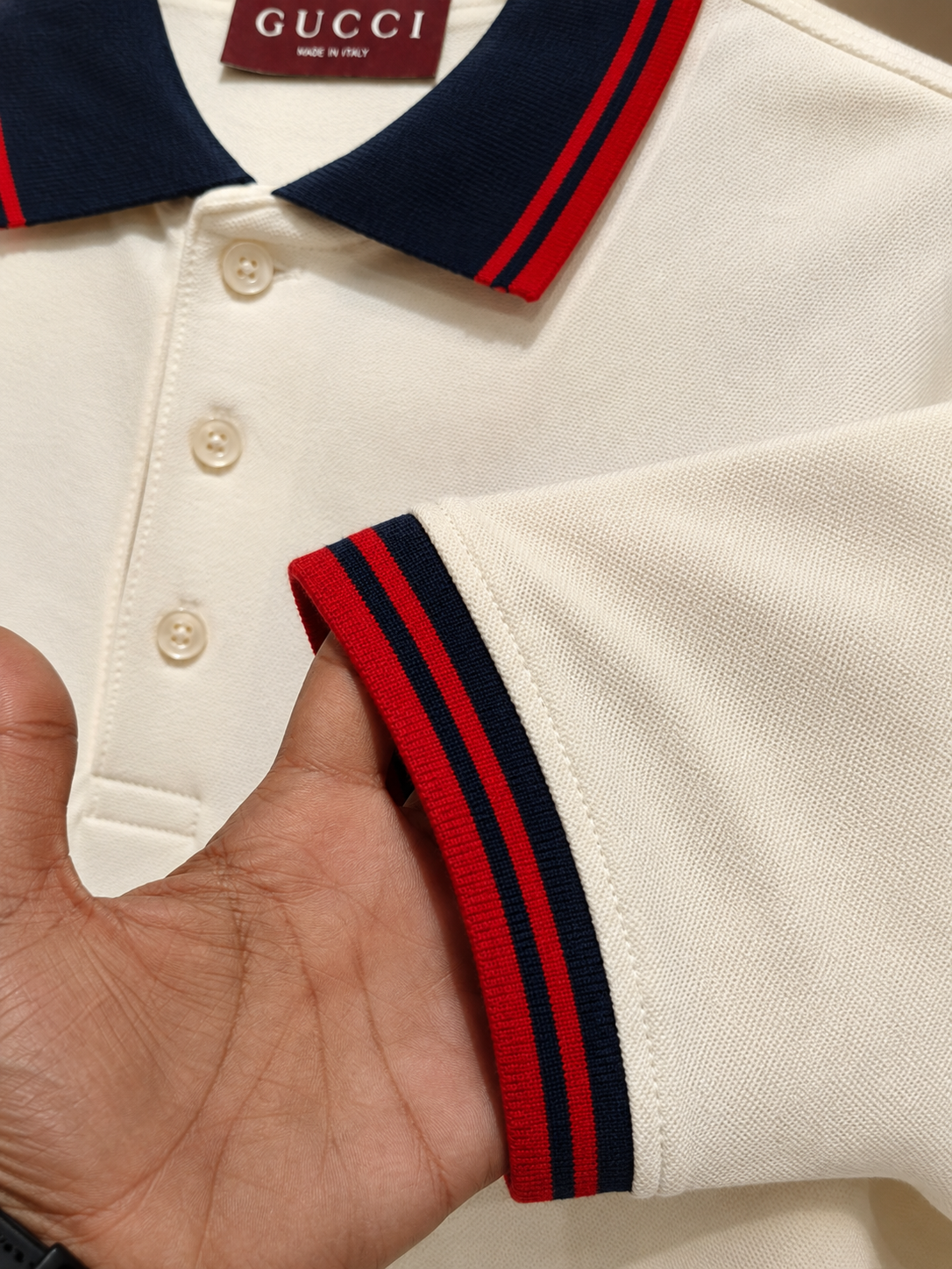Cotton Polo T-Shirt – Navy & Red Stripe Collar