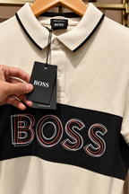 Men’s Ivory Polo T-Shirt with Black Contrast Collar & Chest Logo Stripe