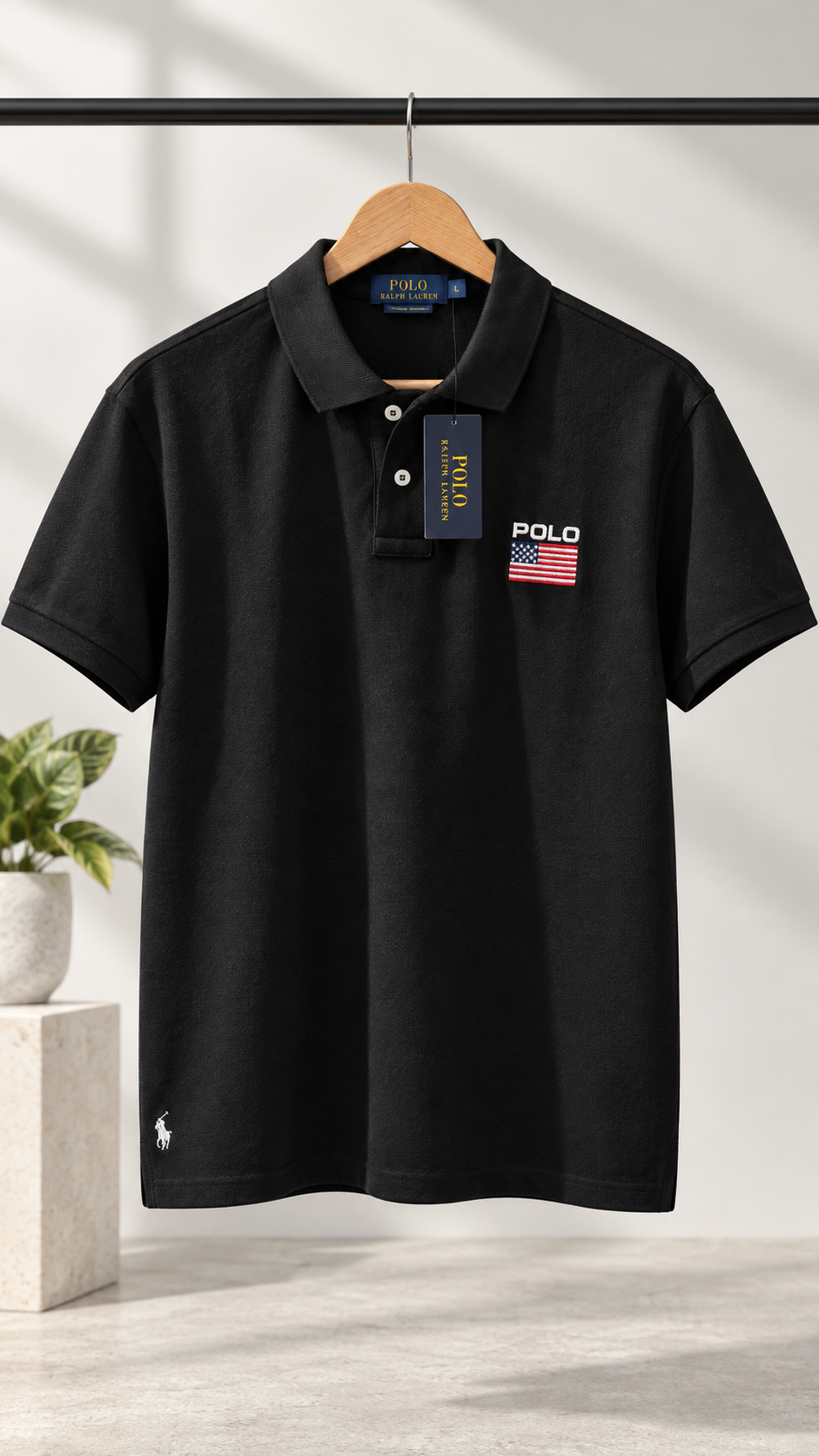 Premium Black Cotton-Blend Polo Shirt with Flag Embroidery