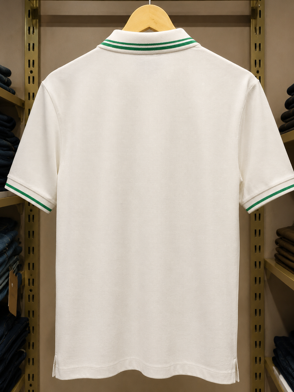 White Polo T-Shirt with Green Striped Collar & Cuffs