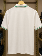 White Polo T-Shirt with Green Striped Collar & Cuffs