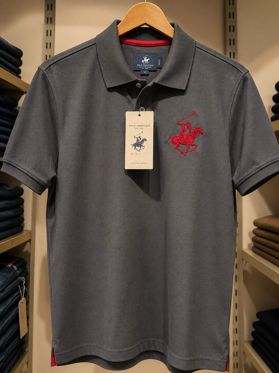 Charcoal Grey Polo T-Shirt with Red Embroidered Logo