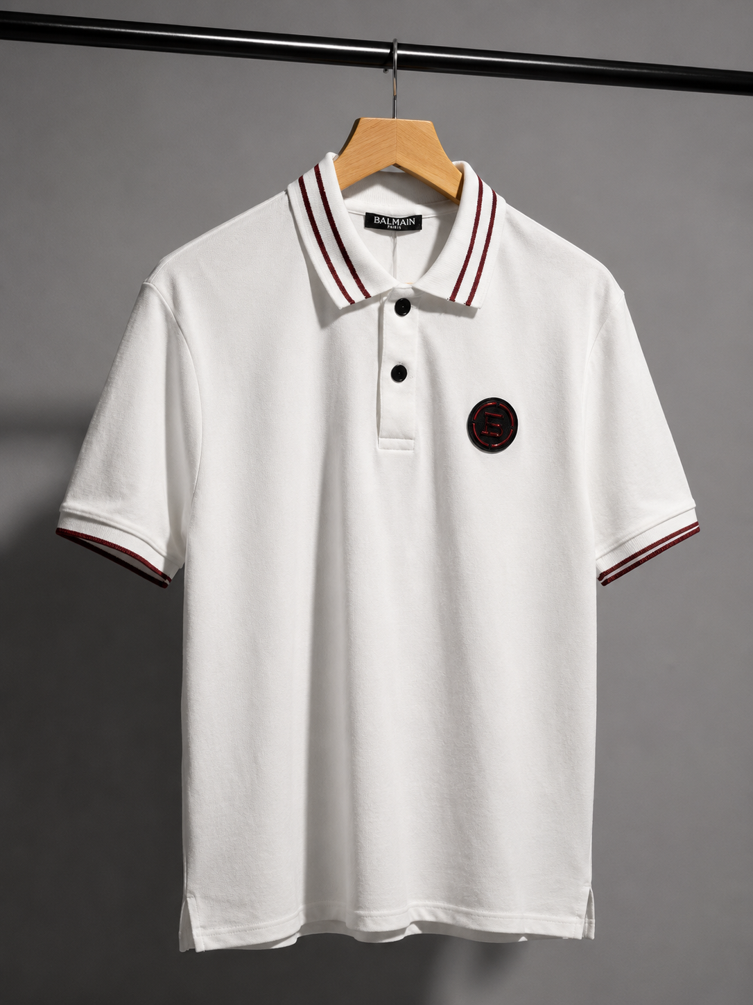 White Polo T-Shirt with Burgundy Double-Stripe Collar & Cuffs