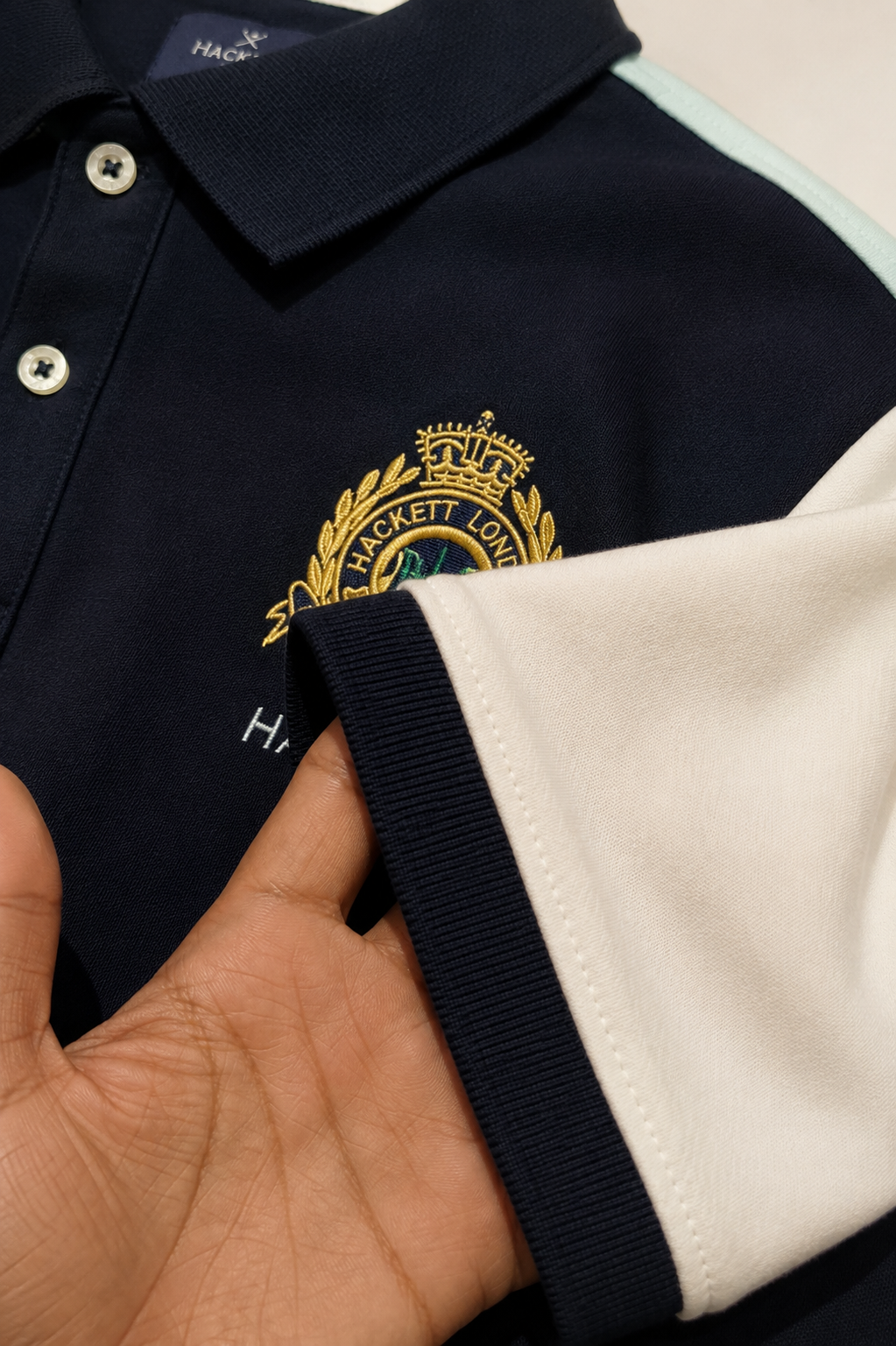 Navy Blue Polo T-Shirt with White Sleeves & Embroidered Crest