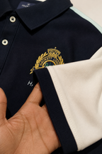 Navy Blue Polo T-Shirt with White Sleeves & Embroidered Crest